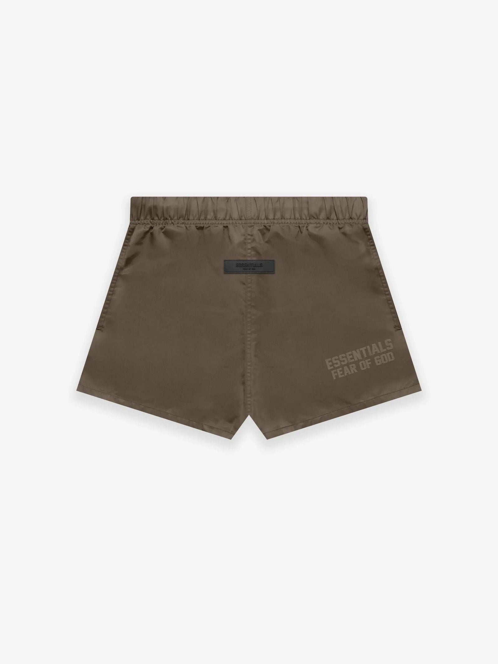 FEAR OF GOD Essentials Nylon Running Shorts Wood at Gravity NYC FEAR OF GOD Essentials Nylon Running Shorts Wood at Gravity NYC