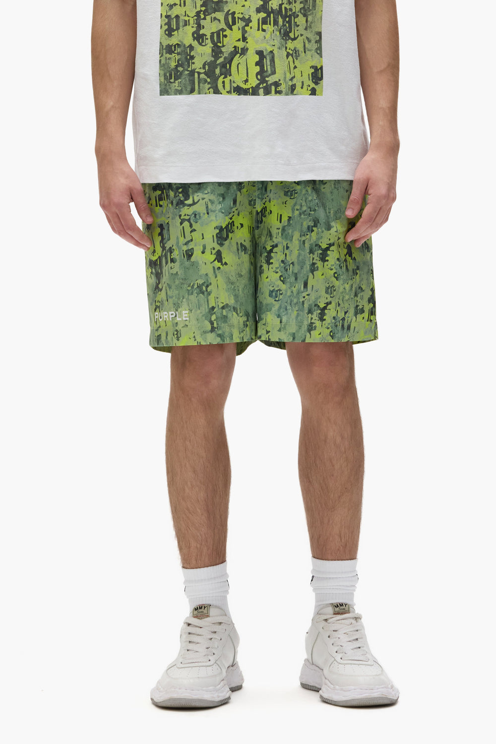 PURPLE BRAND P504 Worn Gothic Camo Swim Shorts at Gravity NYC