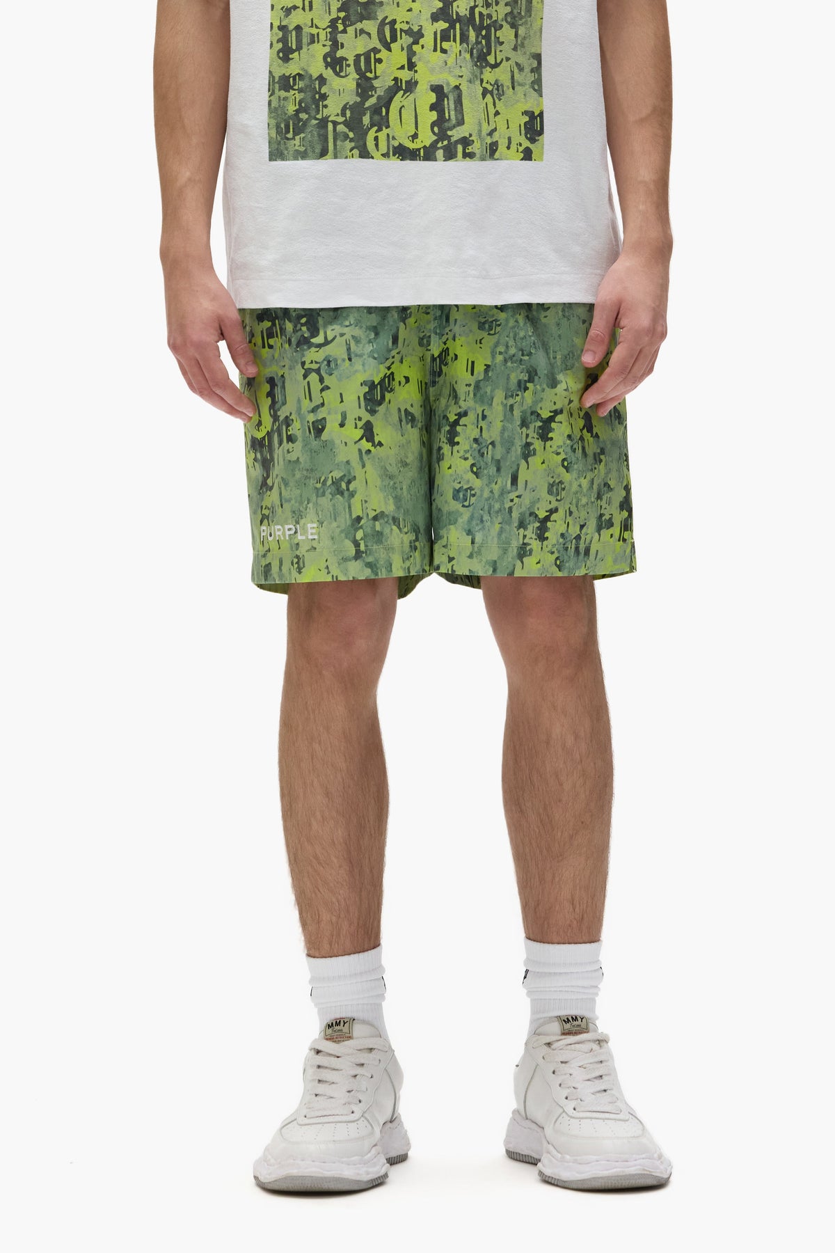 PURPLE BRAND P504 Worn Gothic Camo Swim Shorts at Gravity NYC