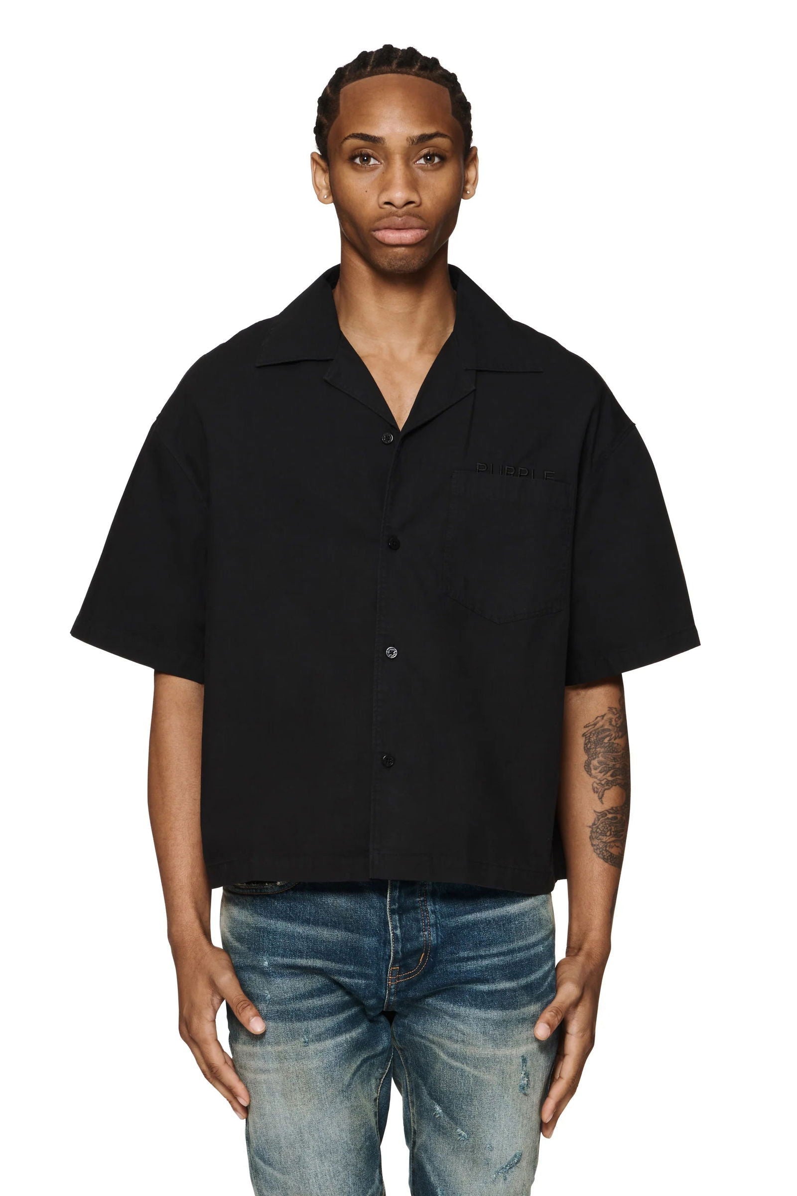 PURPLE BRAND P332 Wordmark Poplin SS Shirt at Gravity NYC PURPLE BRAND P332 Wordmark Poplin SS Shirt at Gravity NYC
