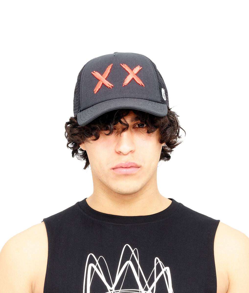 CULT OF INDIVIDUALITY MESH BACK TRUCKER CURVED VISOR XX BLACK/ WITH RED XX