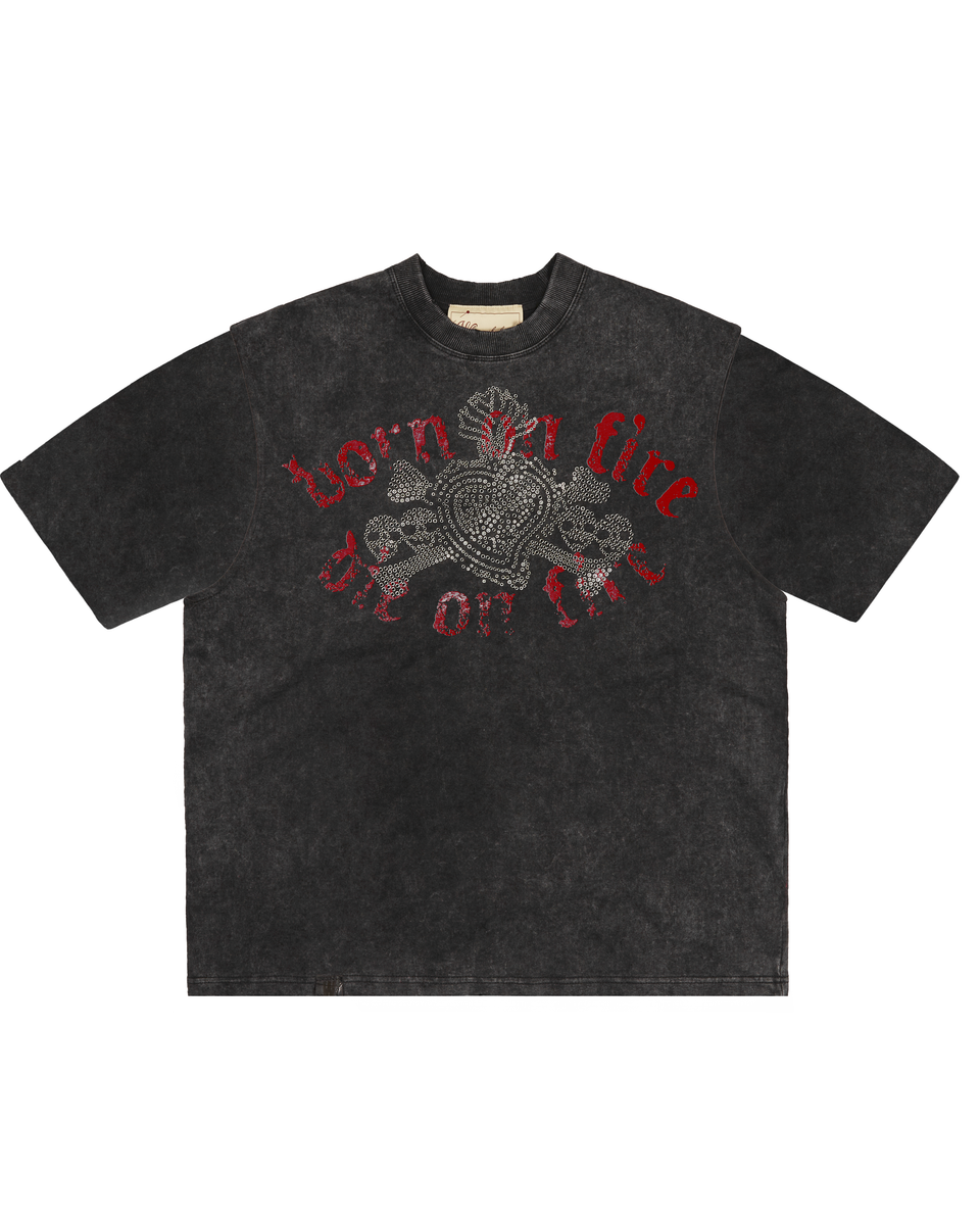 WHEN SMOKE CLEARS Born on Fire Rhinestone Tee Black/Red Gravity NYC