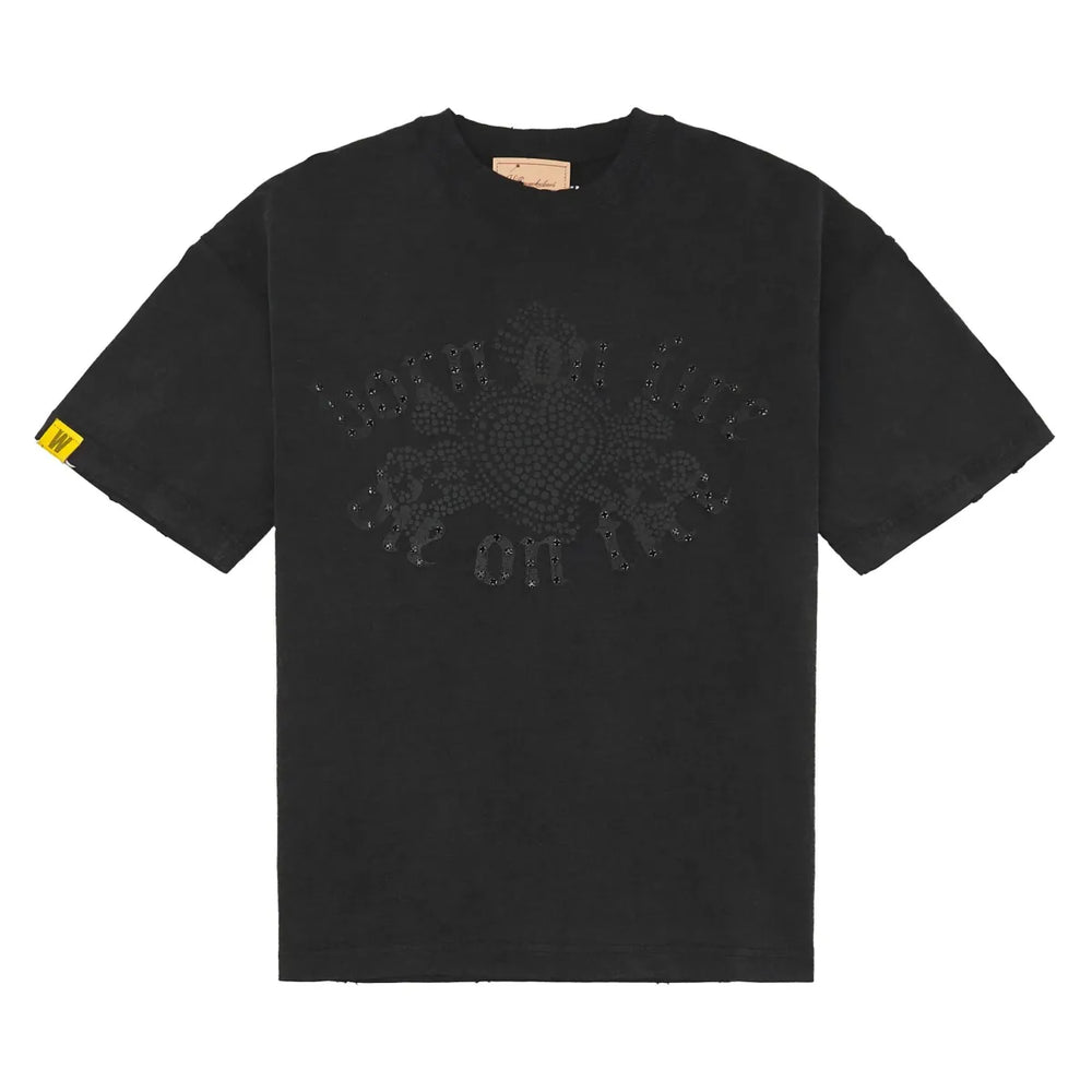 WHEN SMOKE CLEARS Born on Fire Rhinestone Tee Black/Black - Gravity NYC