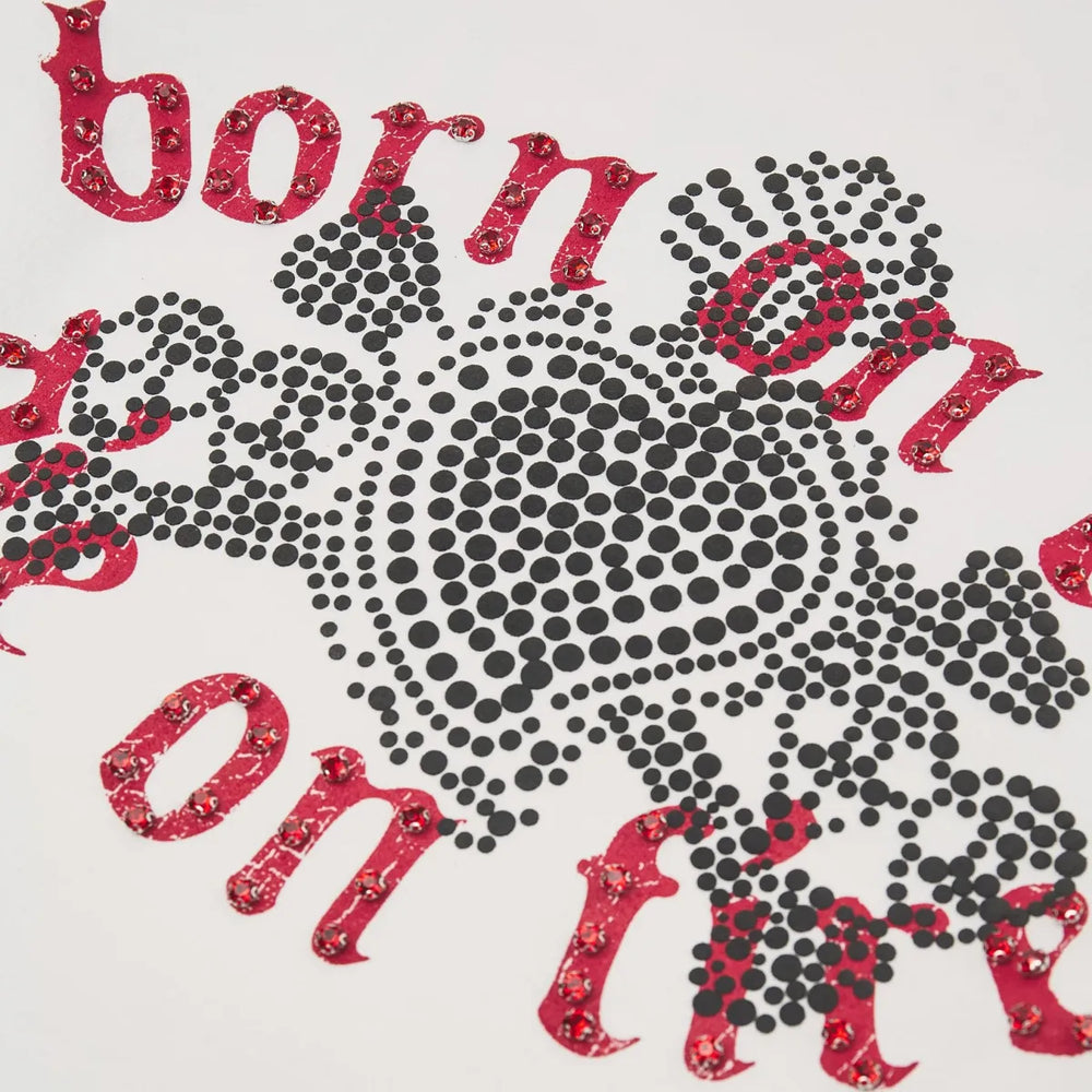 WHEN SMOKE CLEARS Born on Fire Rhinestone Tee Bone/Red - Gravity NYC