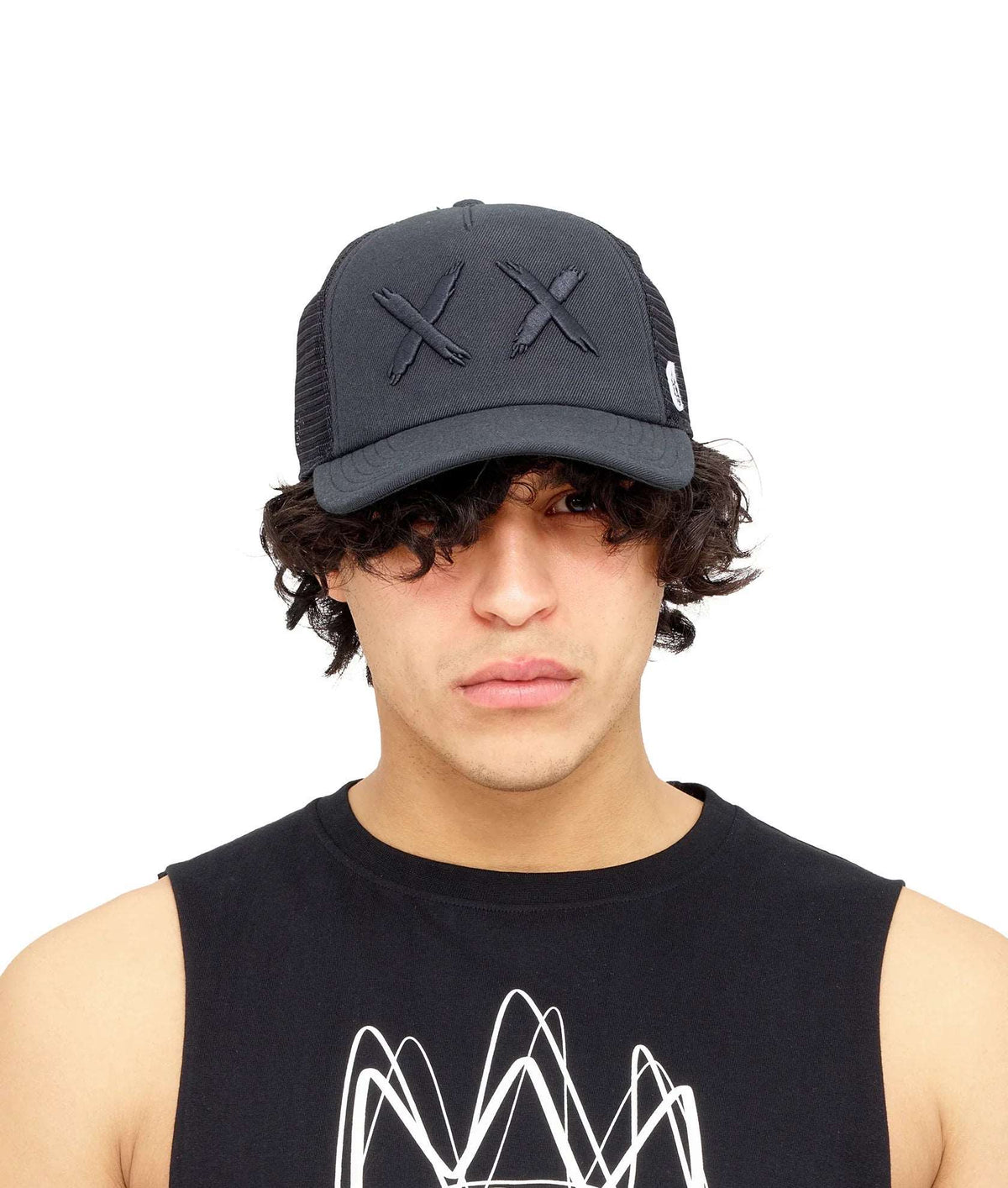 CULT OF INDIVIDUALITY MESH BACK TRUCKER CURVED VISOR W/ BLACK, BLACK LOGO , BLACK VISOR, BLACK MESH - Gravity NYC