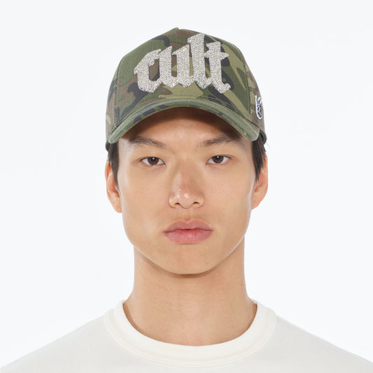 CULT OF INDIVIDUALITY Crystal Cult Script Logo Hat in Camo Gravity NYC