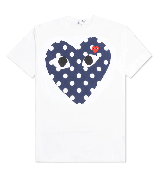 COMME DES GARCONS WHITE BLUE DOTTED DOUBLE HEARTS T-SHIRT Gravity NYC