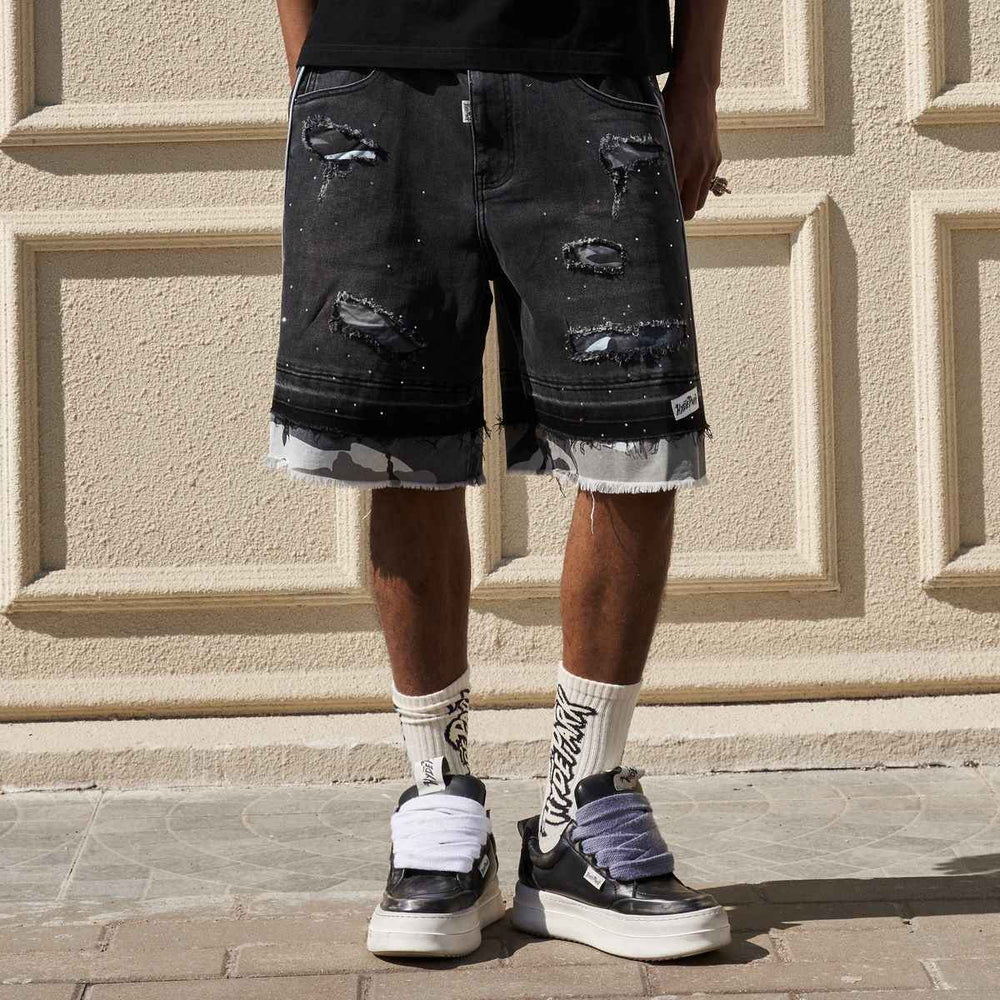 HYDE PARK GOODS Camo Patch Striped Denim Short - Black - Gravity NYC