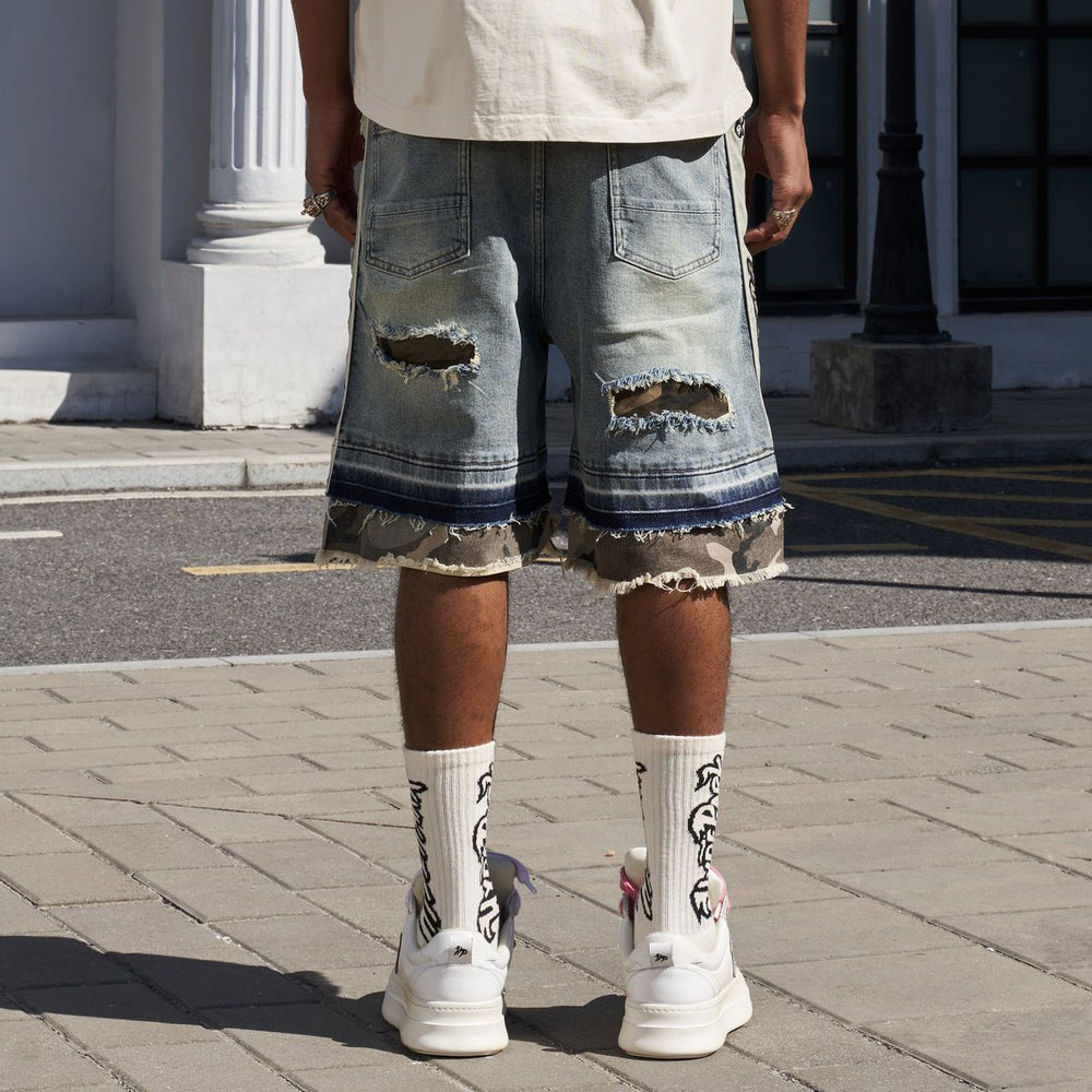 HYDE PARK GOODS Camo Patch Striped Denim Short - Blue - Gravity NYC