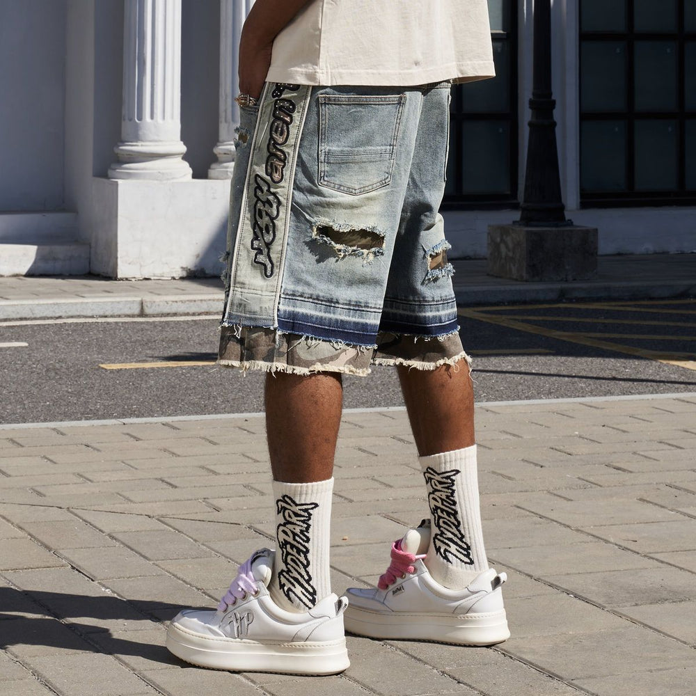 HYDE PARK GOODS Camo Patch Striped Denim Short - Blue - Gravity NYC