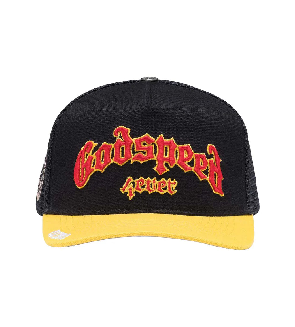 GODSPEED GS Forever Trucker Hat (Black/Yellow with Red Letters) Gravity NYC