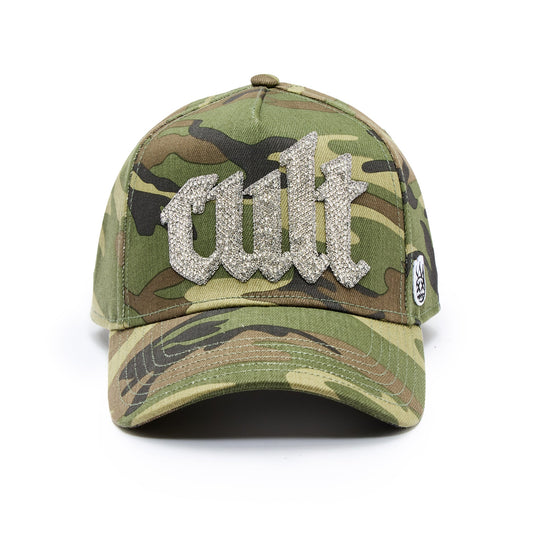 CULT OF INDIVIDUALITY Crystal Cult Script Logo Hat in Camo Gravity NYC