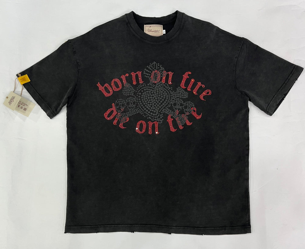 WHEN SMOKE CLEARS Born on Fire Rhinestone Tee Black/Red - Gravity NYC