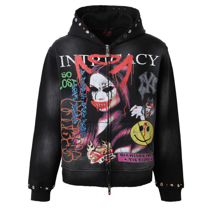 LOST INTRICACY Black Front Page Mag Zip Up Hoodie Gravity NYC