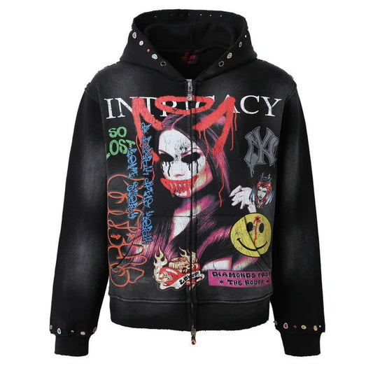 LOST INTRICACY Black Front Page Mag Zip Up Hoodie Gravity NYC