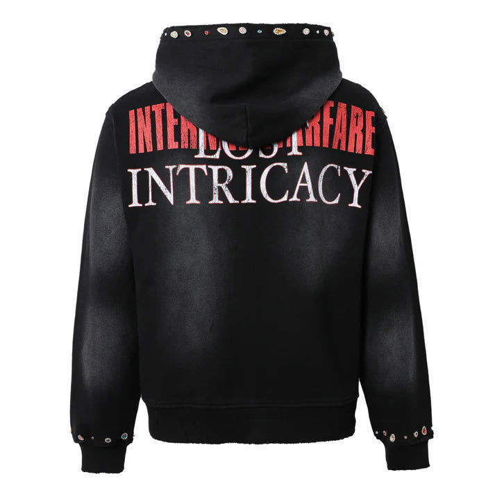 LOST INTRICACY Black Front Page Mag Zip Up Hoodie Gravity NYC