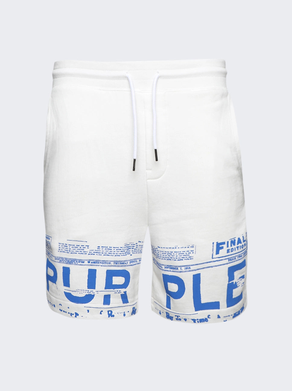 PURPLE BRAND P451 Brilliant White Newsprint Sweatshorts Gravity NYC