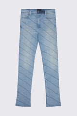 RTA Denis Mini Flare Diagonal Blue Spill Jeans Gravity NYC